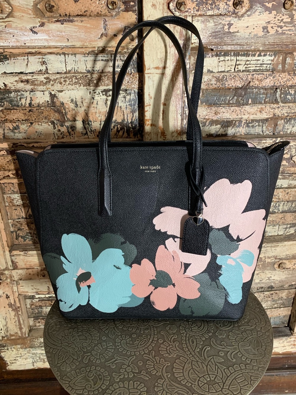 Kate Spade Margaux Brush Bloom Large Black Floral Refined Leather Tote Bag, EUC